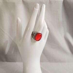Gothic Red Orange Acrylic Cabochon Statement Ring Silver Tone Size 10
